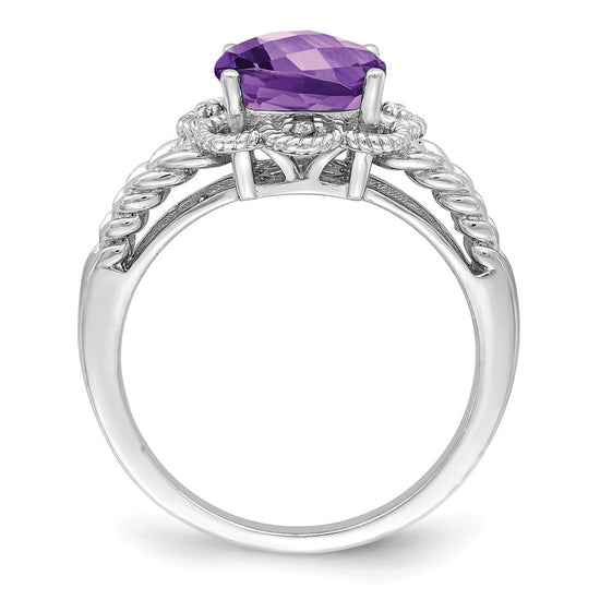 Sterling Silver Rhodium-plated Checker-Cut Gemstone and Diamond Ring