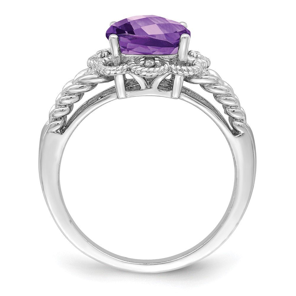 Sterling Silver Rhodium-plated Checker-Cut Gemstone and Diamond Ring