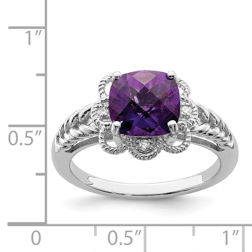 Sterling Silver Rhodium-plated Checker-Cut Gemstone and Diamond Ring