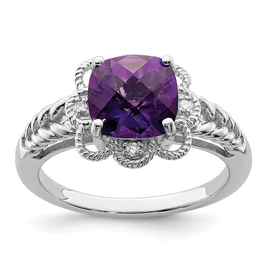 Sterling Silver Rhodium-plated Checker-Cut Gemstone and Diamond Ring