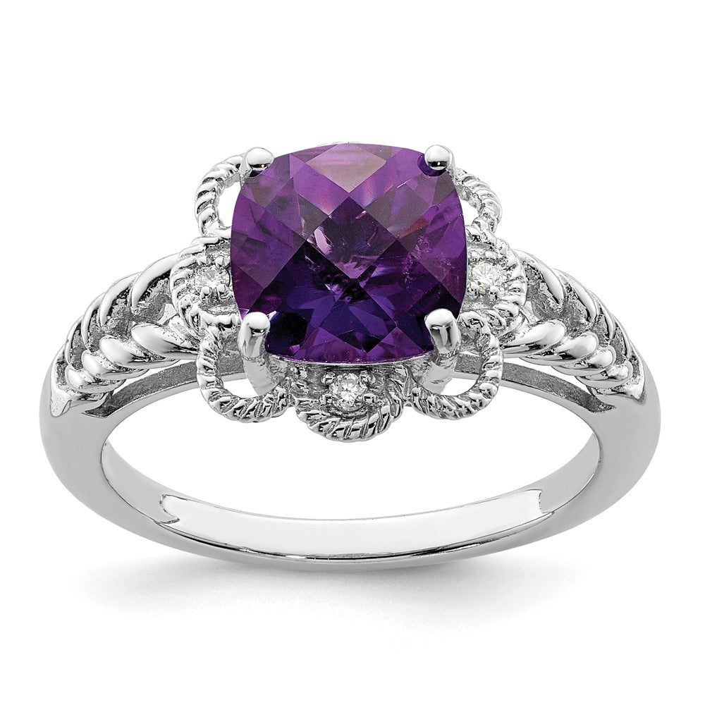 Sterling Silver Rhodium-plated Checker-Cut Gemstone and Diamond Ring