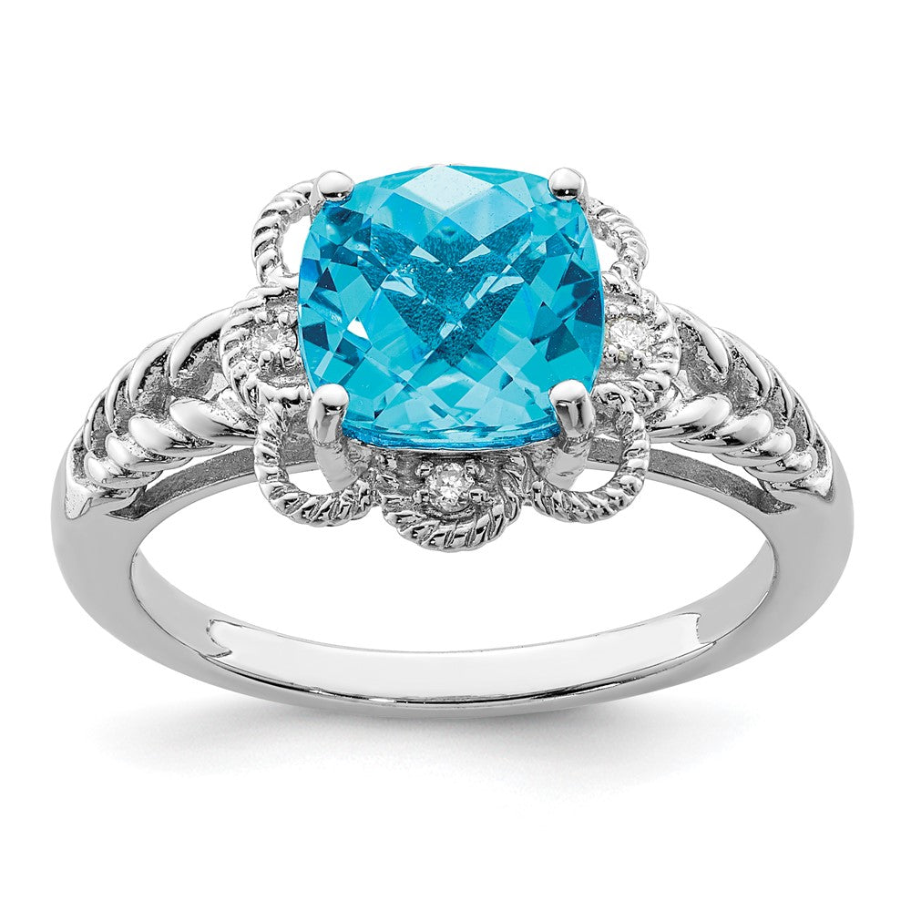 Sterling Silver Rhodium-plated Checker-Cut Gemstone and Diamond Ring