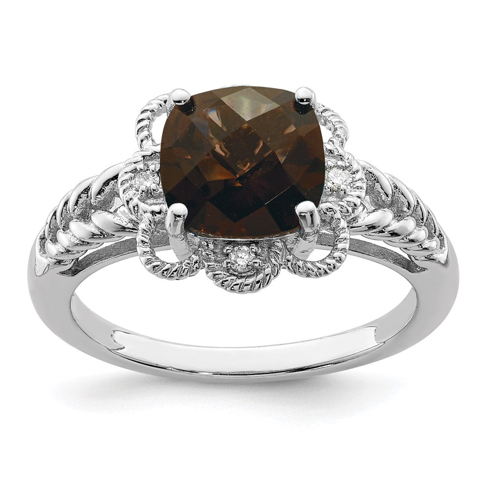 Sterling Silver Rhodium-plated Checker-Cut Gemstone and Diamond Ring