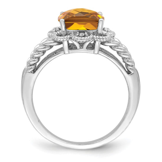 Sterling Silver Rhodium-plated Checker-Cut Gemstone and Diamond Ring