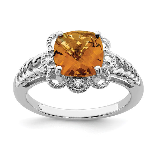 Sterling Silver Rhodium-plated Checker-Cut Gemstone and Diamond Ring