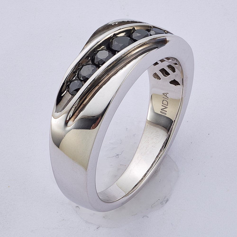 White Night Sterling Silver Rhodium-plated Black Diamond Men's Band Ring