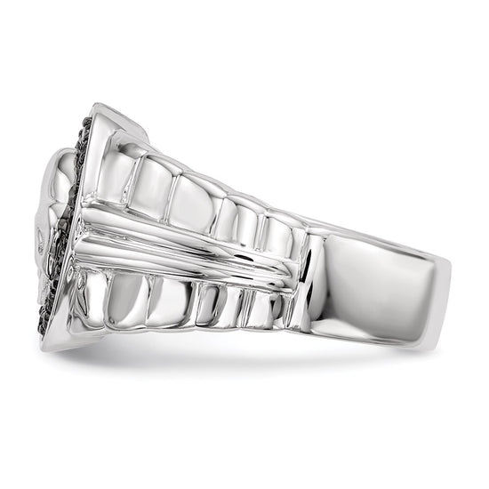 White Night Sterling Silver Rhodium-plated Black Diamond Oval Skull Men's Ring
