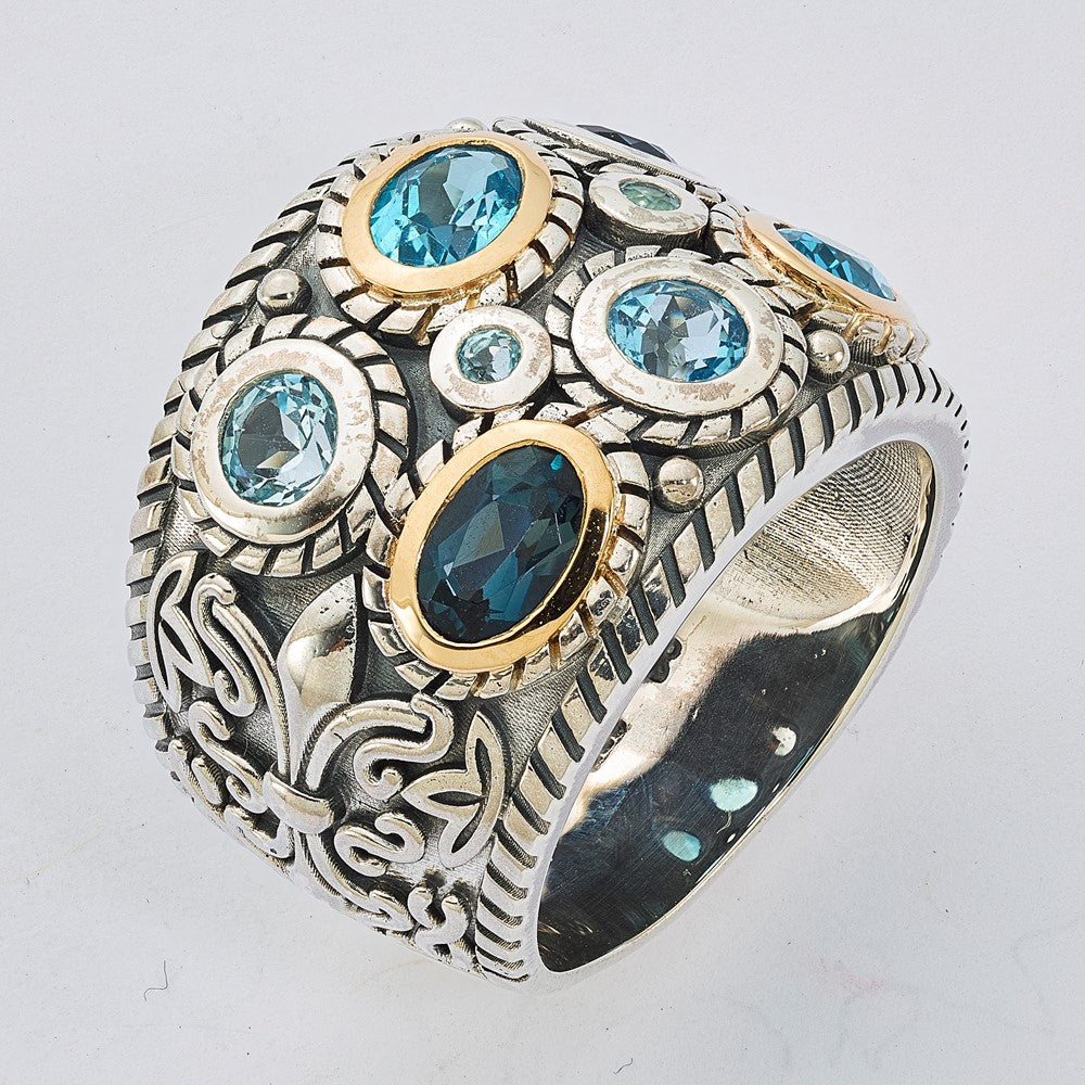 Sterling Silver RH-plated w/14k Gold and Blue Topaz Fancy Ring