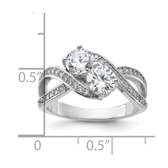Sterling Silver Rhodium-plated CZ Two Stone Polished Ring