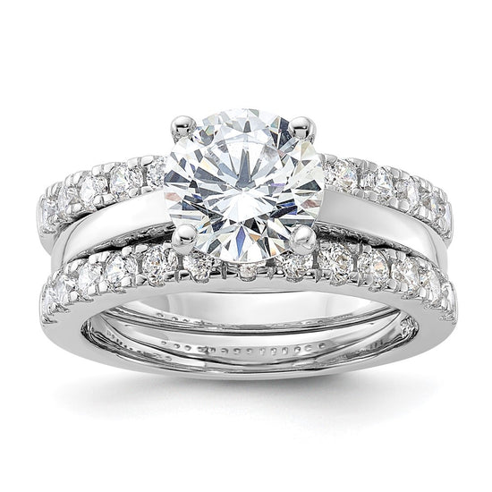 Sterling Silver Rhodium-plated 8mm CZ Solitaire & 2 CZ Bands Set