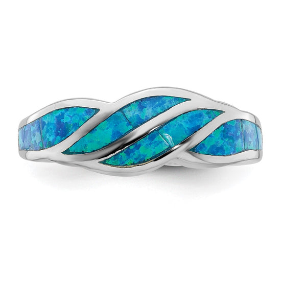 Sterling Silver Rhodium-plated Lab Created Blue Opal Inlay Ring