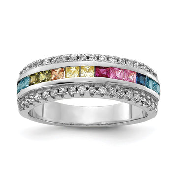 Prizma Sterling Silver Rhodium-plated Channel-Set Colorful and White CZ Ring
