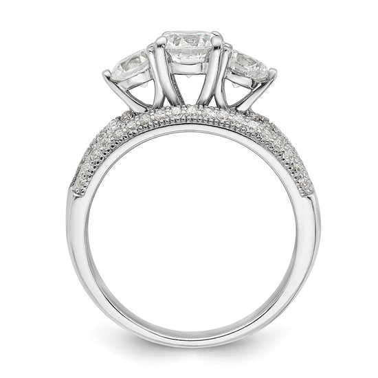 Sterling Silver Rhodium-plated CZ 3 Stone Pave Band Engagement Ring Set