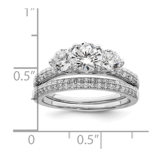 Sterling Silver Rhodium-plated CZ 3 Stone Pave Band Engagement Ring Set