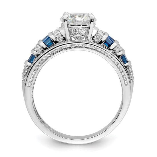 Sterling Silver Rh-plated Polished Blue & White CZ Engagement & Band Ring
