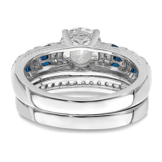 Sterling Silver Rh-plated Polished Blue & White CZ Engagement & Band Ring