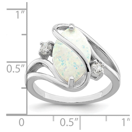 Sterling Silver Rhodium-plated White Created Opal & CZ Twist Ring