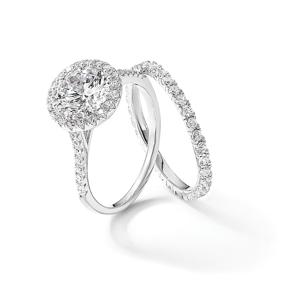 Sterling Silver RH-plated CZ Halo Engagement Ring and Eternity Band Set
