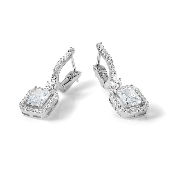 Sterling Shimmer Sterling Silver Rhodium-plated CZ 64 Stone Hinged Post Dangle Hoop Earrings