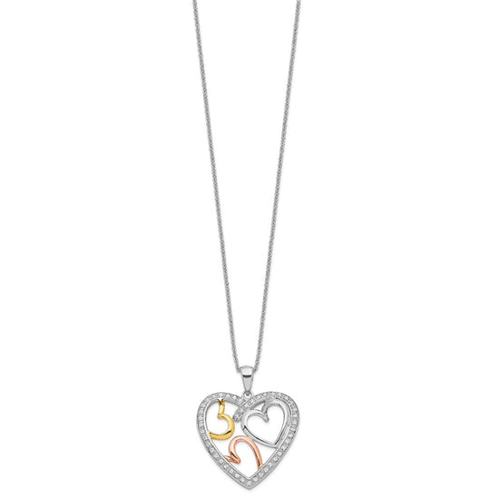 Sentimental Expressions Sterling Silver Rhodium Rose and Gold-plated CZ The Bond of Love Heart 18 inch Necklace with Poem Card