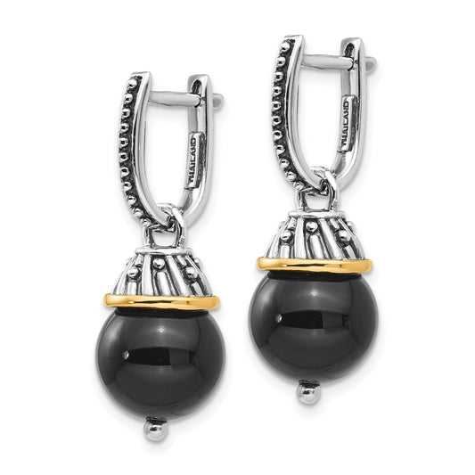 Shey Couture Sterling Silver with 14K Accent Antiqued Black Onyx Hinged Hoop Dangle Earrings