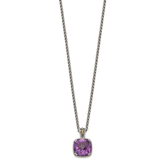 Shey Couture Sterling Silver with 14K Accent 18 Inch Antiqued Cushion Checkerboard Amethyst Necklace