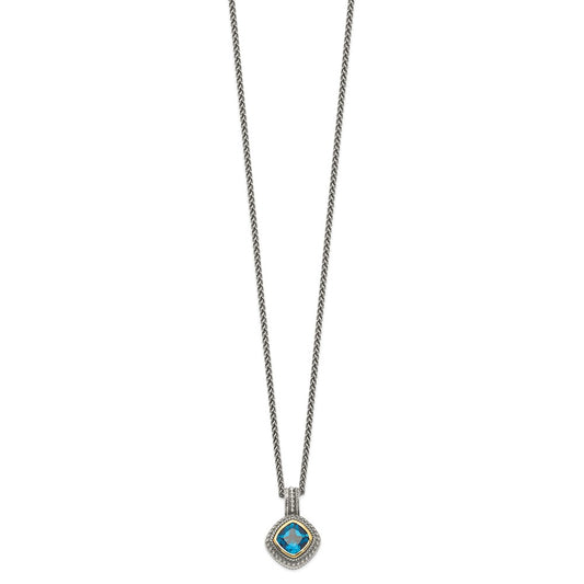 Shey Couture Sterling Silver with 14K Accent 18 Inch Antiqued Cushion Bezel London Blue Topaz Necklace