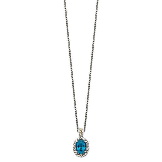 Shey Couture Sterling Silver with 14K Accent 18 Inch Antiqued Oval London Blue Topaz Hinged Bail Necklace
