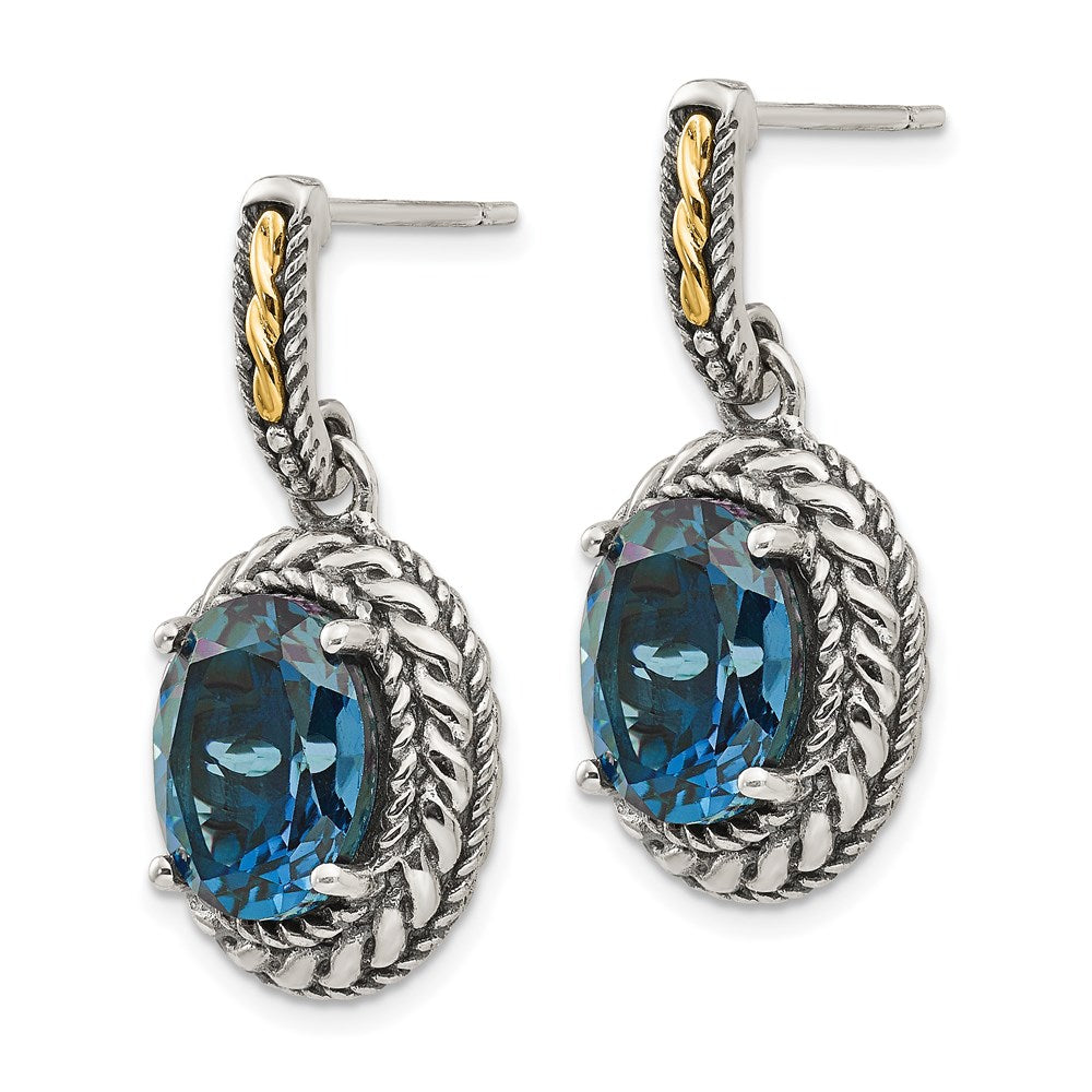 Shey Couture Sterling Silver with 14K Accent Antiqued Oval London Blue Topaz Post Dangle Earrings