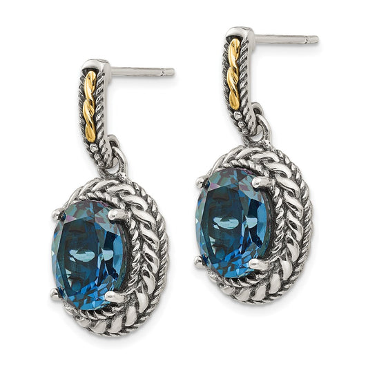 Shey Couture Sterling Silver with 14K Accent Antiqued Oval London Blue Topaz Post Dangle Earrings