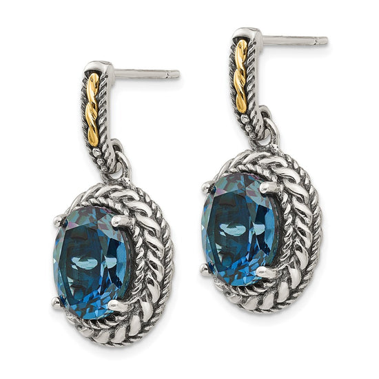 Shey Couture Sterling Silver with 14K Accent Antiqued Oval London Blue Topaz Post Dangle Earrings