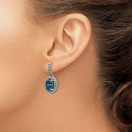Shey Couture Sterling Silver with 14K Accent Antiqued Oval London Blue Topaz Post Dangle Earrings