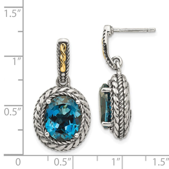 Shey Couture Sterling Silver with 14K Accent Antiqued Oval London Blue Topaz Post Dangle Earrings