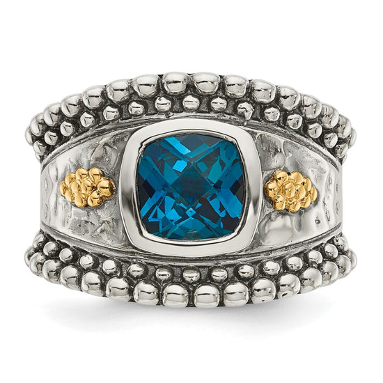 Shey Couture Sterling Silver with 14K Accent Antiqued Checkerboard Cushion London Blue Topaz Ring