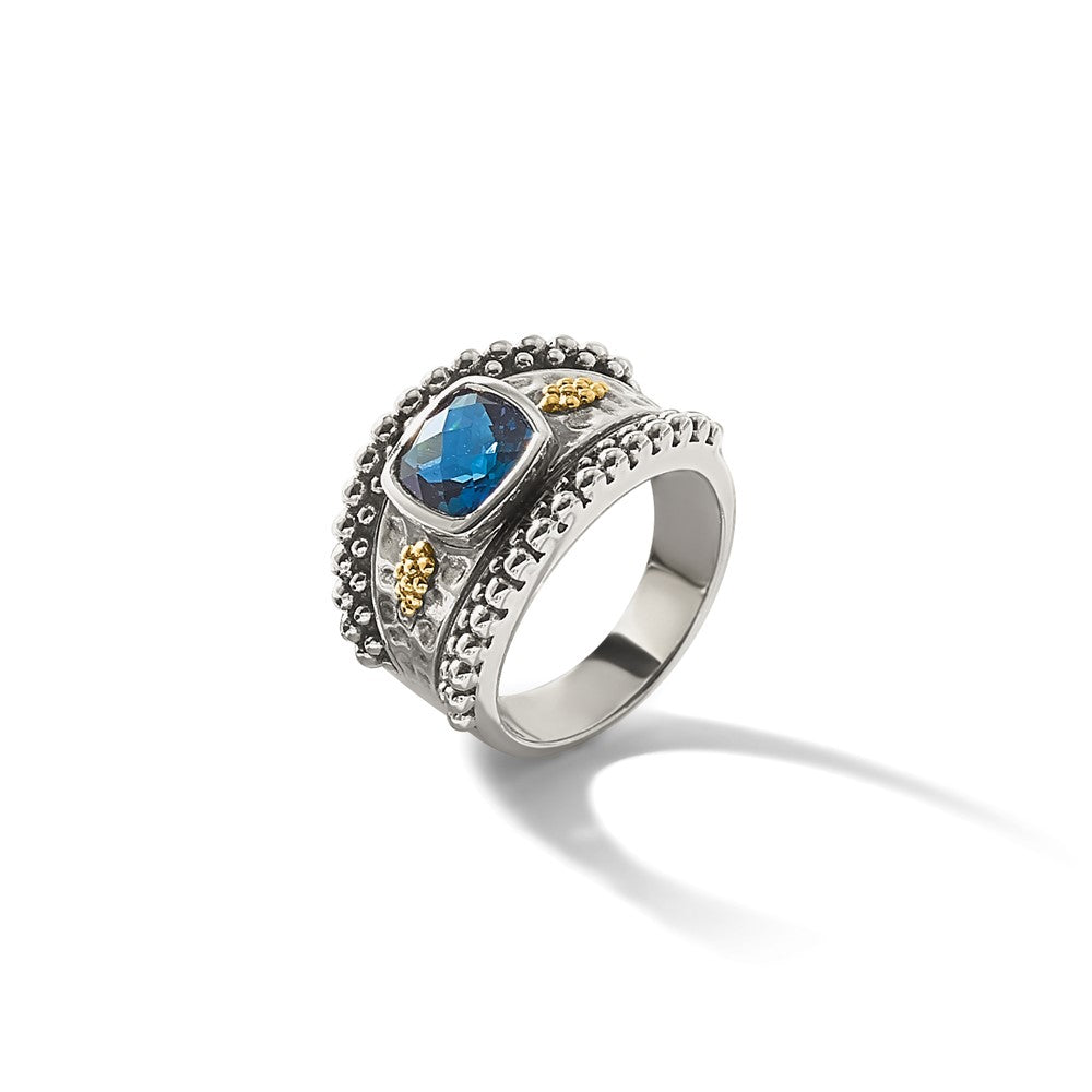 Shey Couture Sterling Silver with 14K Accent Antiqued Checkerboard Cushion London Blue Topaz Ring