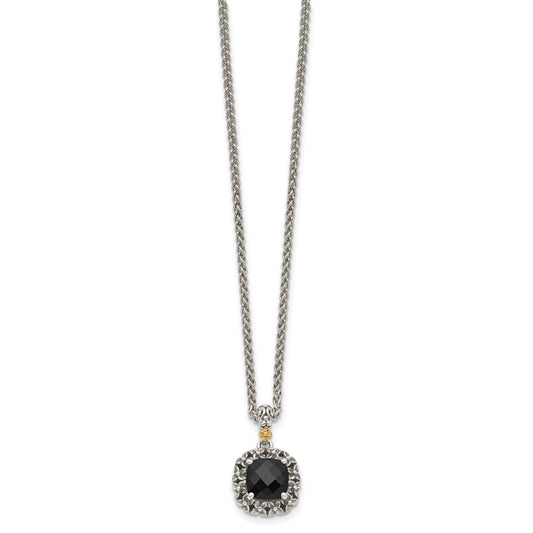 Shey Couture Sterling Silver with 14K Accent 18 Inch Antiqued Checkerboard-cut Black Onyx Necklace