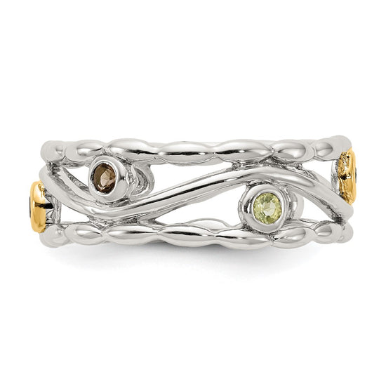 Shey Couture Sterling Silver Rhodium-plated with 14K Accent Round Bezel Amethyst Blue Topaz/Citrine/Garnet/Peridot and Smoky Quartz Ring