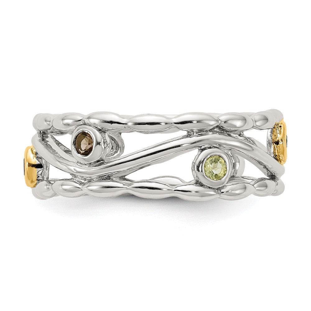 Shey Couture Sterling Silver Rhodium-plated with 14K Accent Round Bezel Amethyst Blue Topaz/Citrine/Garnet/Peridot and Smoky Quartz Ring