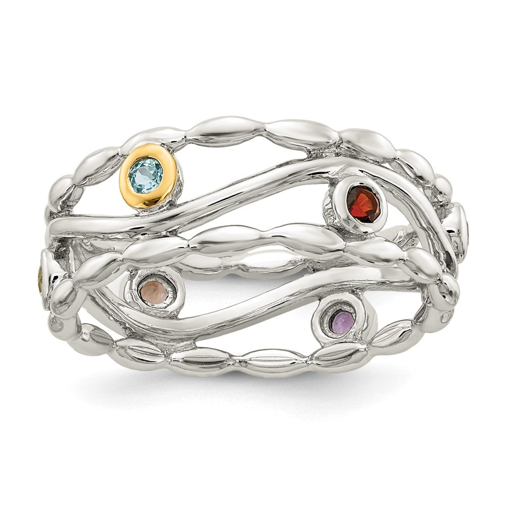 Shey Couture Sterling Silver Rhodium-plated with 14K Accent Round Bezel Amethyst Blue Topaz/Citrine/Garnet/Peridot and Smoky Quartz Ring