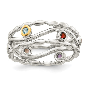 Shey Couture Sterling Silver Rhodium-plated with 14K Accent Round Bezel Amethyst Blue Topaz/Citrine/Garnet/Peridot and Smoky Quartz Ring