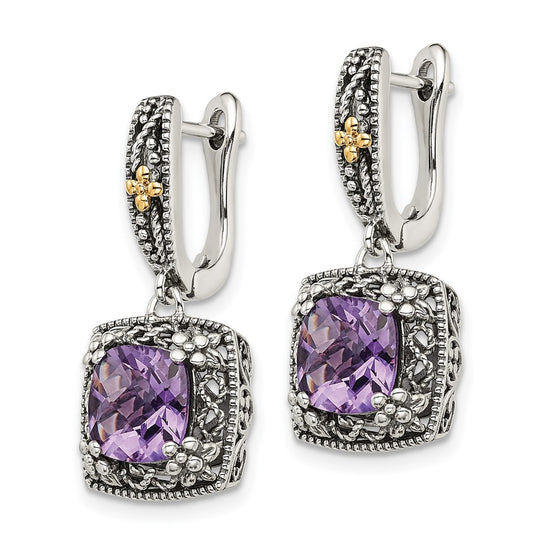Shey Couture Sterling Silver with 14K Accent Antiqued Cushion Amethyst Hinged Hoop Dangle Earrings