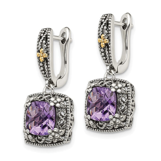 Shey Couture Sterling Silver with 14K Accent Antiqued Cushion Amethyst Hinged Hoop Dangle Earrings