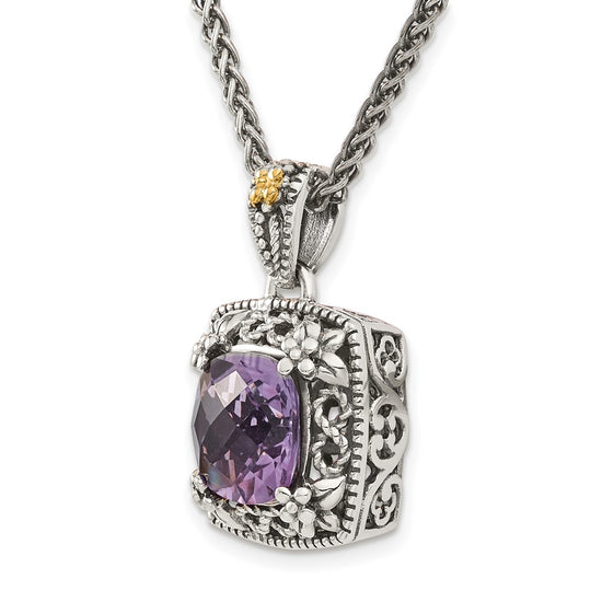 Shey Couture Sterling Silver with 14K Accent 18 Inch Antiqued Cushion Amethyst Necklace