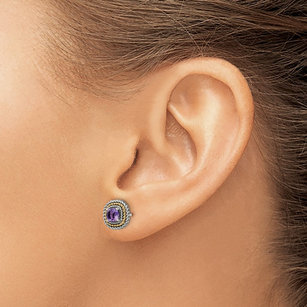 Shey Couture Sterling Silver with 14K Accent Antiqued Cushion Amethyst Post Earrings