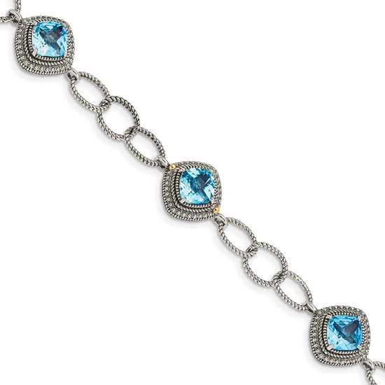 Shey Couture Sterling Silver with 14K Accent 7.5 Inch Antiqued Cushion Light Swiss Blue Topaz Bracelet