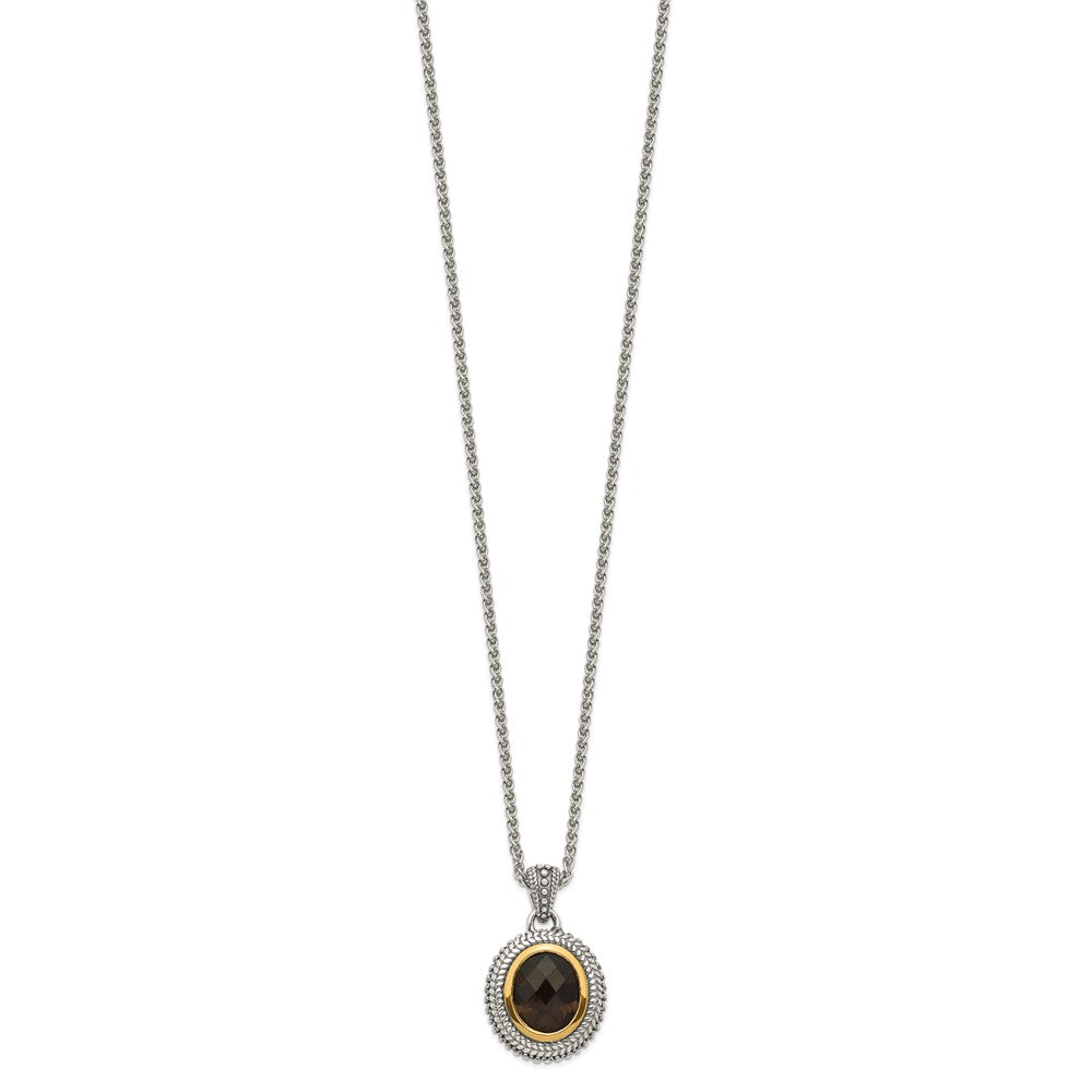 Shey Couture Sterling Silver with 14K Accent 18 Inch Antiqued Oval Bezel Smoky Quartz Necklace
