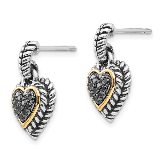 Shey Couture Sterling Silver with 14K Accent Antiqued Black Diamond Dangle Post Heart Earrings