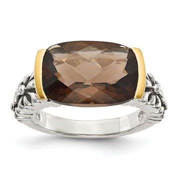 Shey Couture Sterling Silver with 14K Accent Antiqued Cushion Checkerboard Smoky Quartz Ring