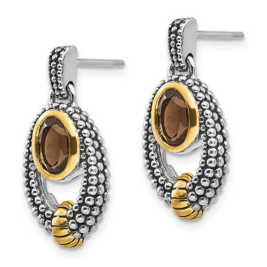 Shey Couture Sterling Silver Gold-tone Flash Gold-plated Antiqued Oval Bezel Smoky Quartz Post Dangle Earrings