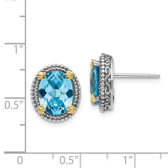 Shey Couture Sterling Silver with 14K Accent Antiqued Oval Swiss Blue Topaz Post Earrings